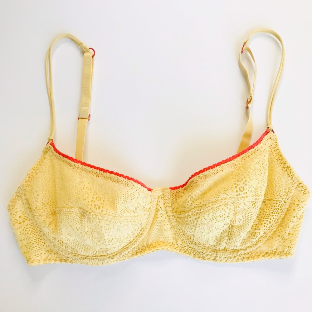 FREE PEOPLE Yellow Cheeky Lace Underwire Balconette Bra Coral Trim - Picture 3 of 8